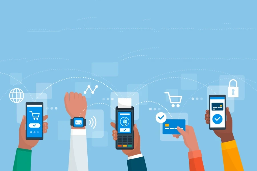 Electronic payments and secure transactions people paying using mobile devices and credit card
