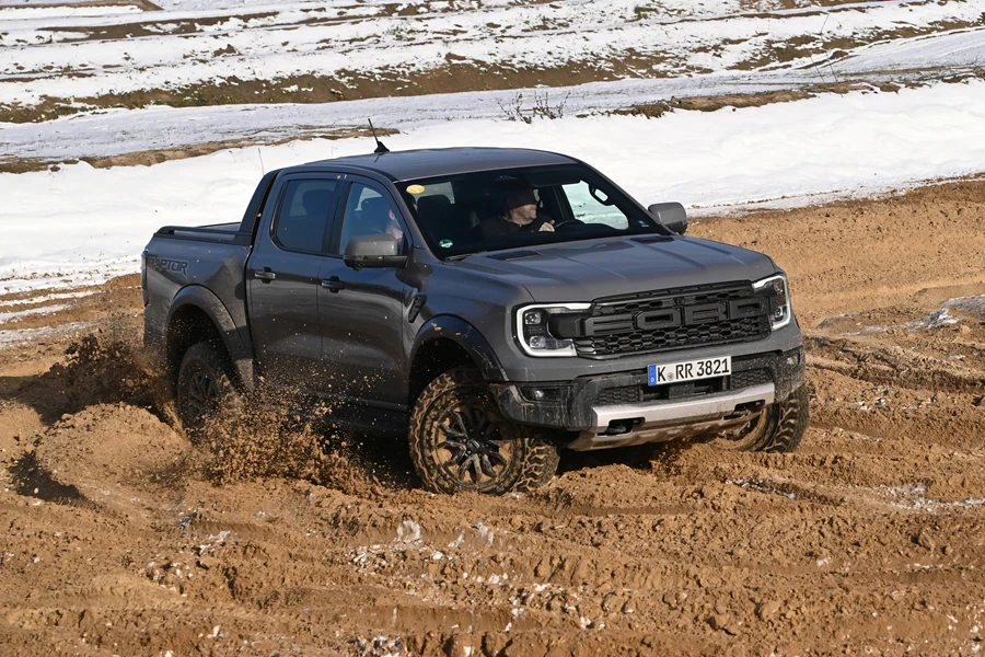 Ford Ranger Raptor on a muddy road