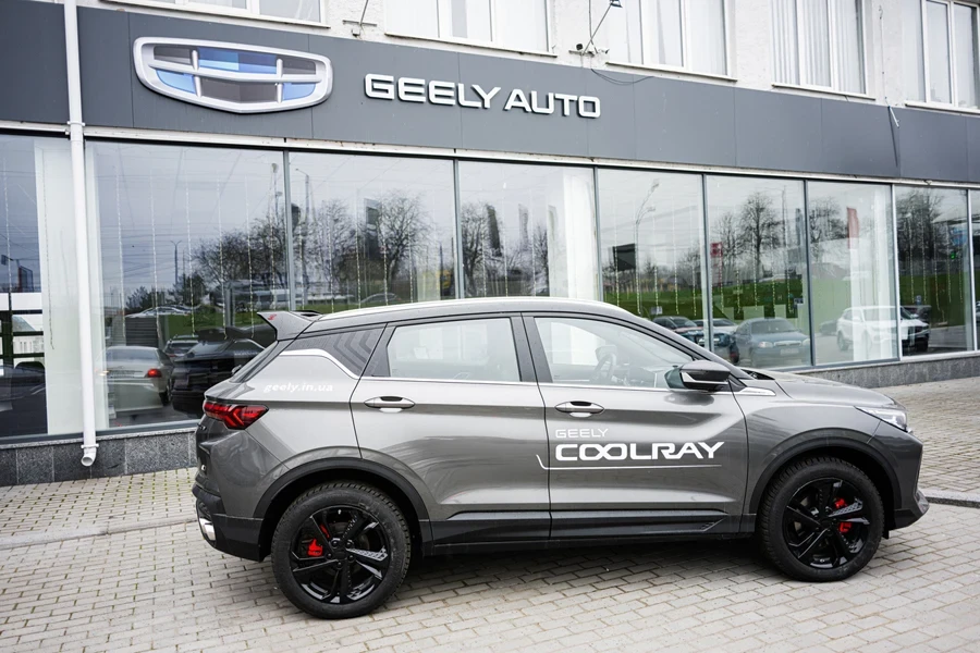 Geely Coolray outside a Geely dealership