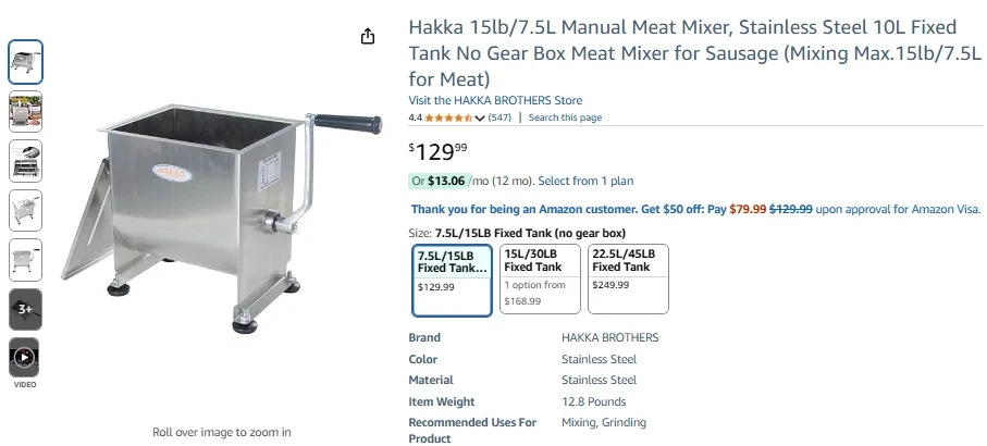 Hakka 30 lb15L Manual Meat Mixer with Fixed Tank