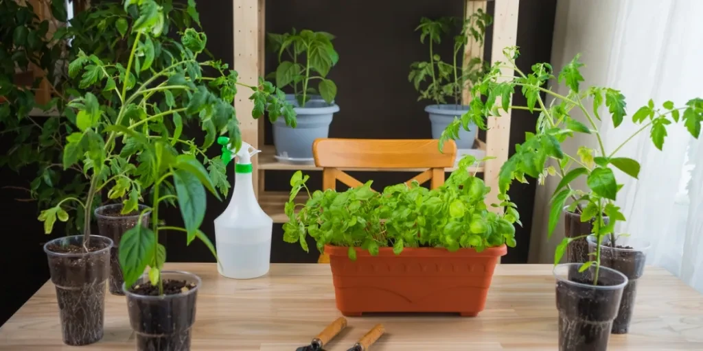 Herb garden planter on wooden table with drainage holes