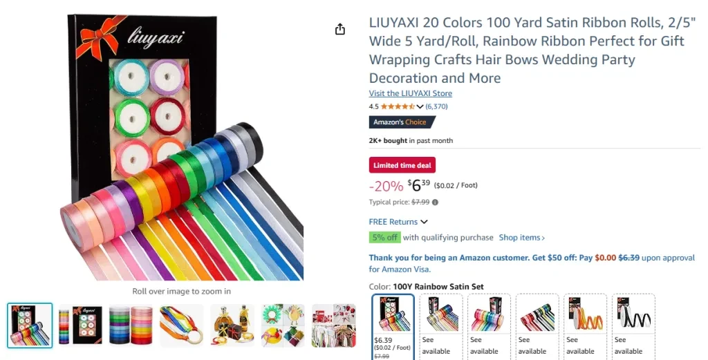 LIUYAXI 20 Colors 100 Yard Satin Ribbon Rolls (25 inch each)