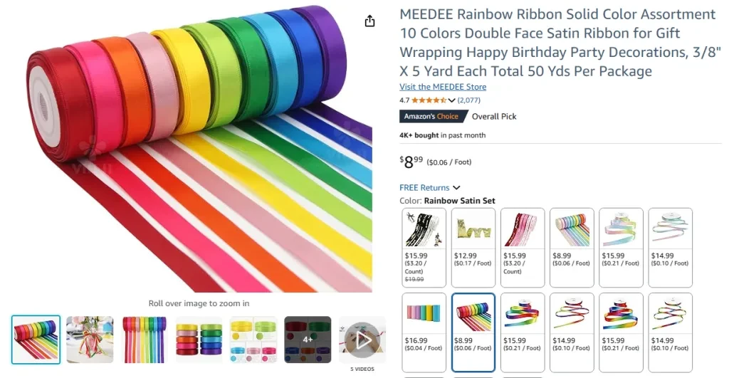 MEEDEE Rainbow Ribbon – Solid Color Assortment (10 Rolls)