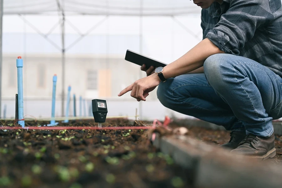 Man using soil moisture meter in greenhouse setting