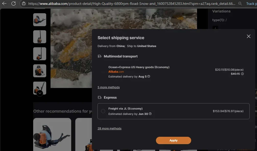 Many products on Alibaba.com come with default shipping options