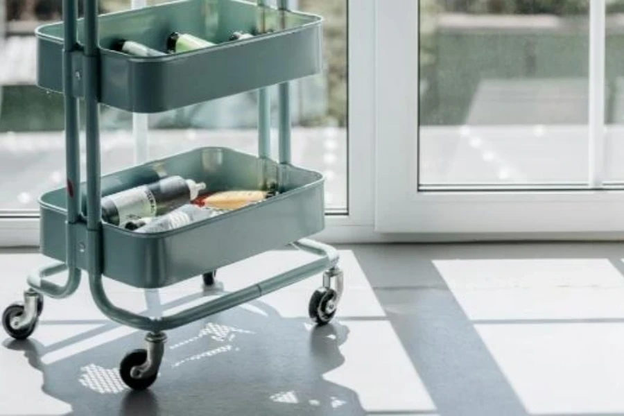 Metal rolling cart with art supplies