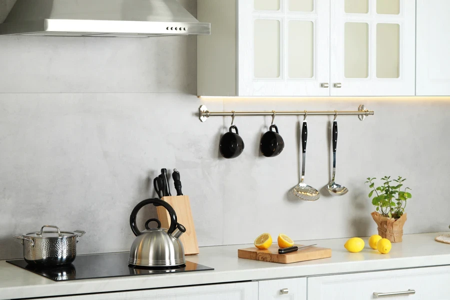 Modern kitchen with a variety of kitchen accessories on the countertop