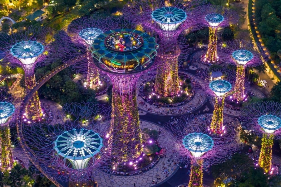 Night view of a garden by the bay powered by solar lighting