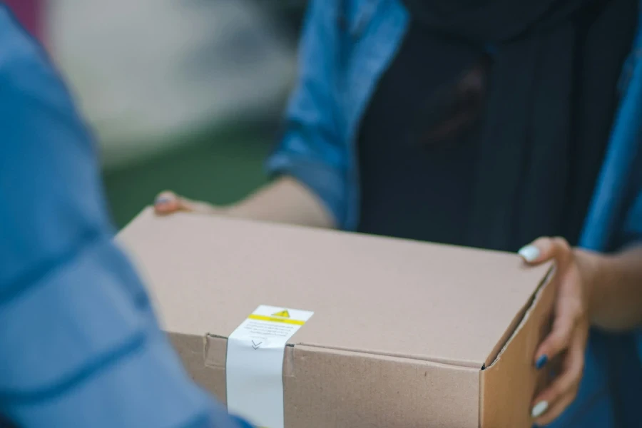 Person delivering brown box package to a woman