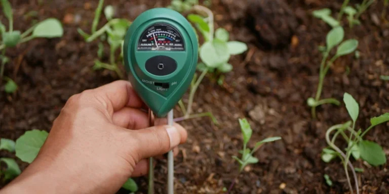 Person holding manual soil moisture meter in dirt