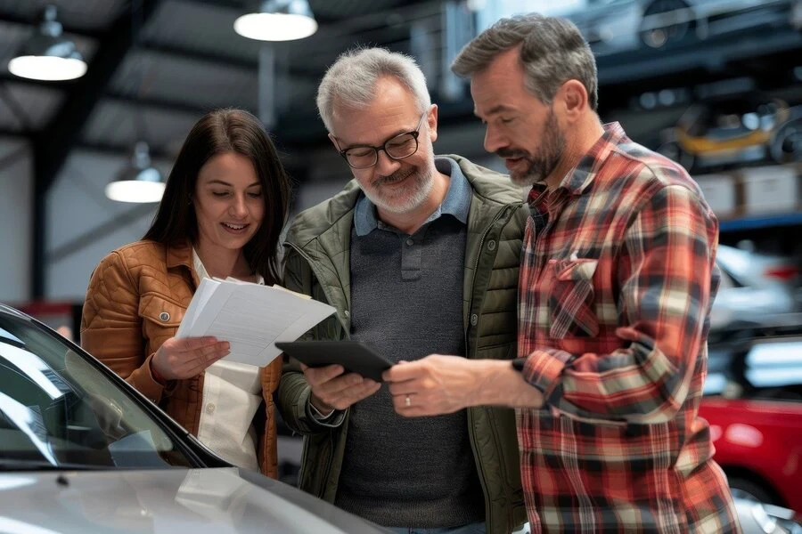 Salesperson introducing car to customer