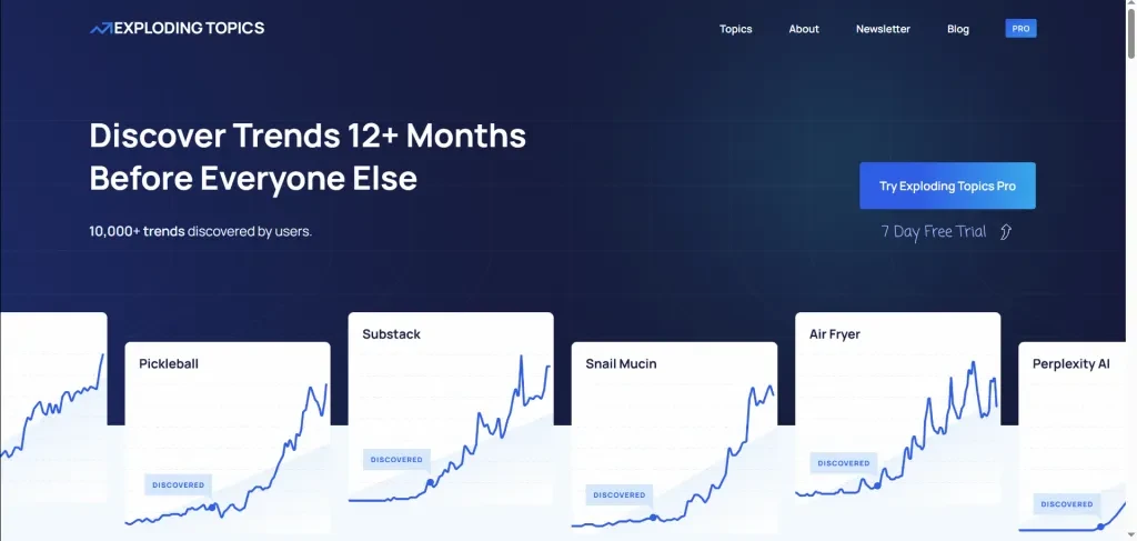 Screenshot of exploding topics’ home page