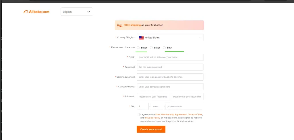 Sign up page of Alibaba.com
