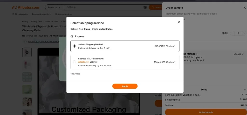 Some sellers on Alibaba.com offer their own shipping methods