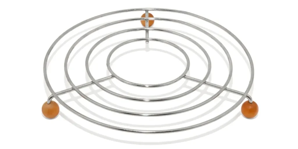 Stainless steel trivet on white background