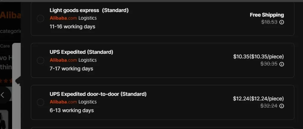 Standard express shipping mode on Alibaba.com takes about 15 days