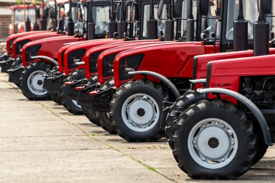 Tractors parked outside a dealership