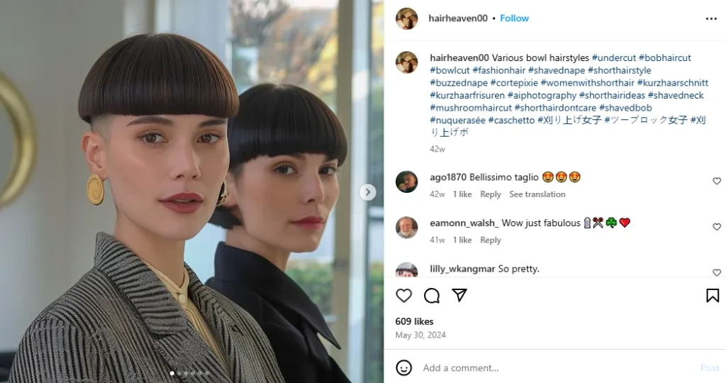 Two women with thick bowl cuts