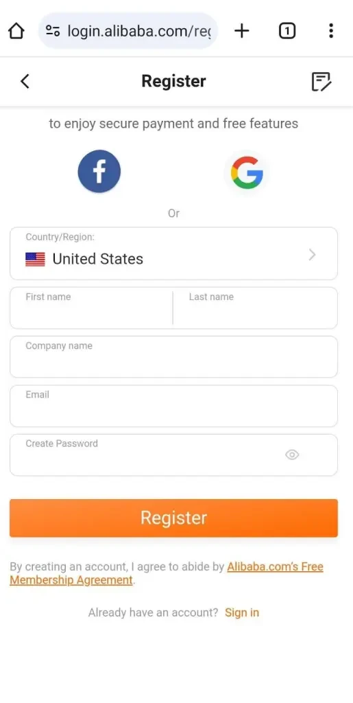 Users can sign in to Alibaba.com from GoogleFacebookLinkedIn