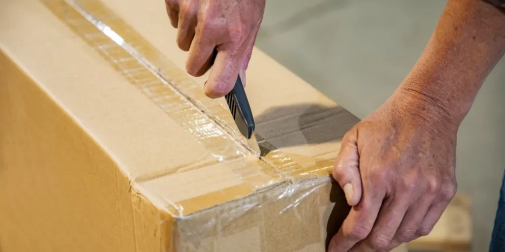 Utility knife with black handle used to open box