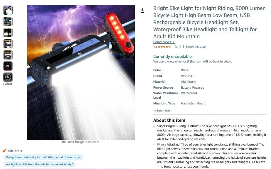 WSCXSC 9000 Lumen Rechargeable Bicycle Headlight and Taillight Set