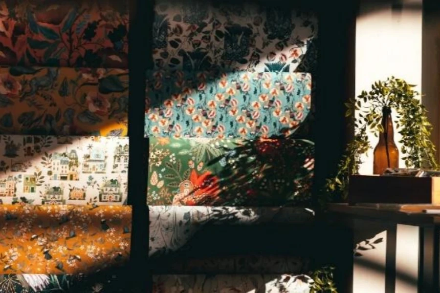 Wall with racks of gift wrap rolls