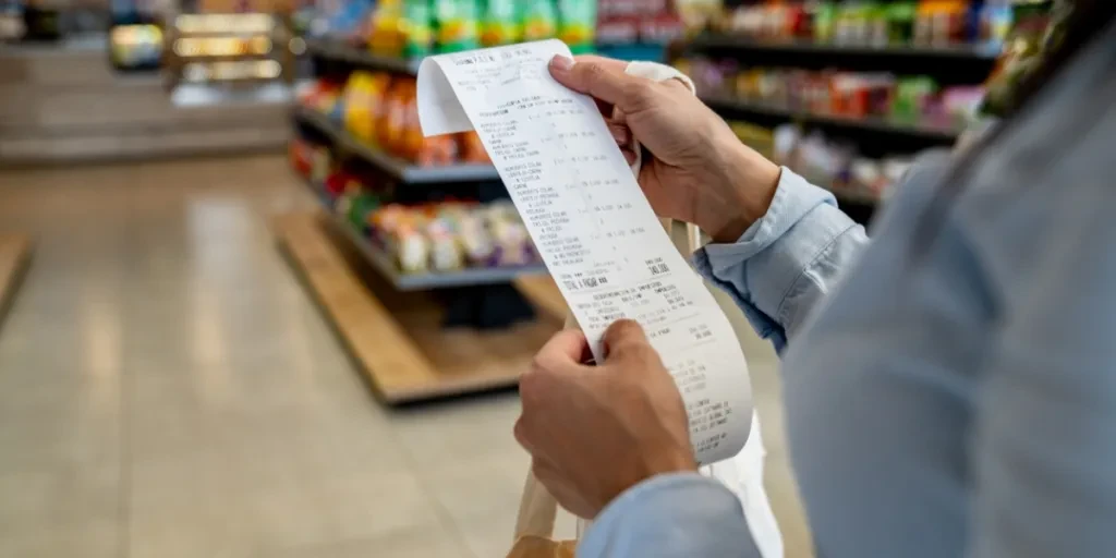 Woman checking a receipt with retail prices