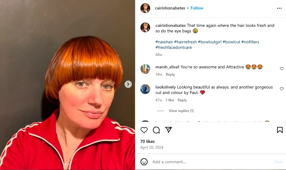 Woman with a bowl cut with a natural fringe