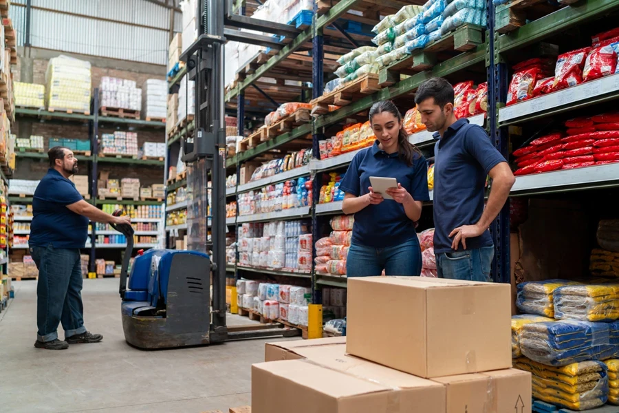 Workers restocking a supermarket with a forklift
