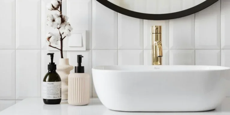 A bathroom sink with a mirror and a plant