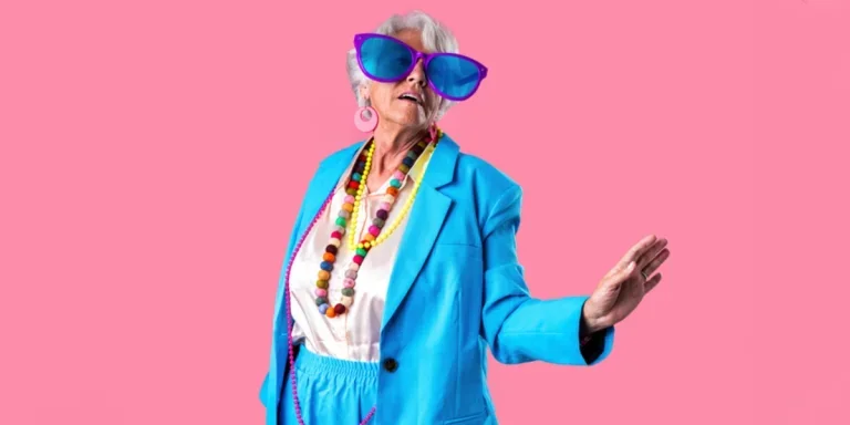 A beautiful senior woman in 1980s clothings