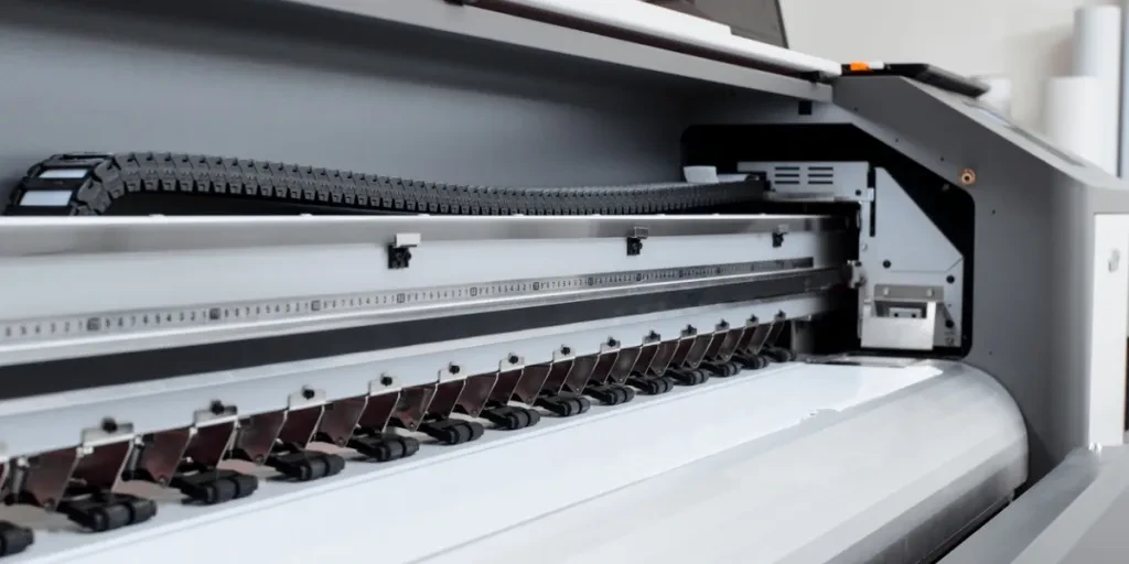 A close-up of a large format printer