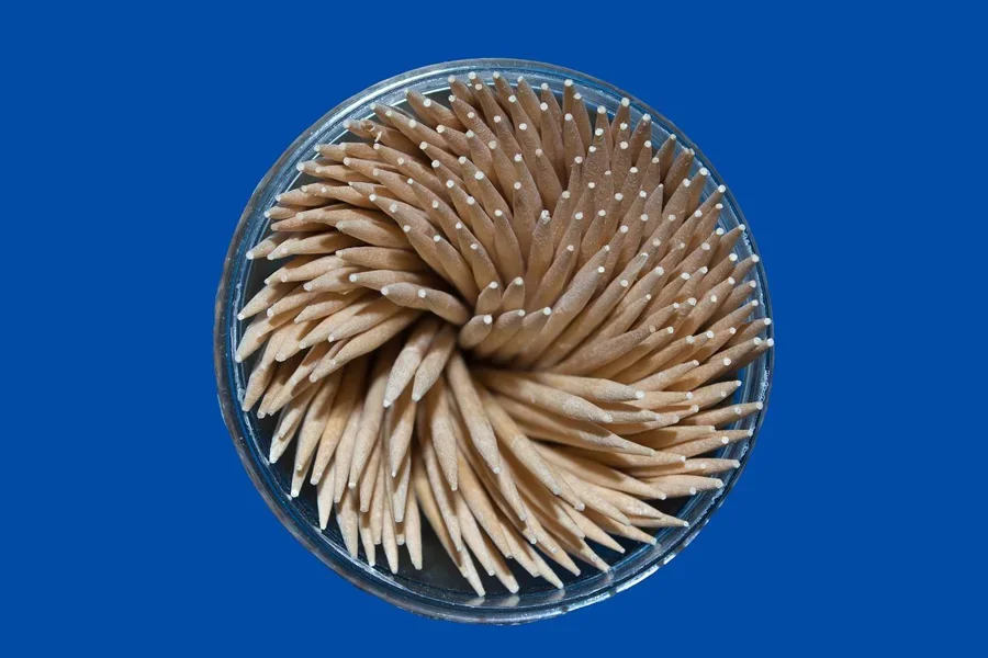 A close-up of toothpicks in a container