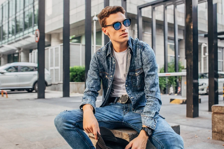 A man wearing a double denim outfit