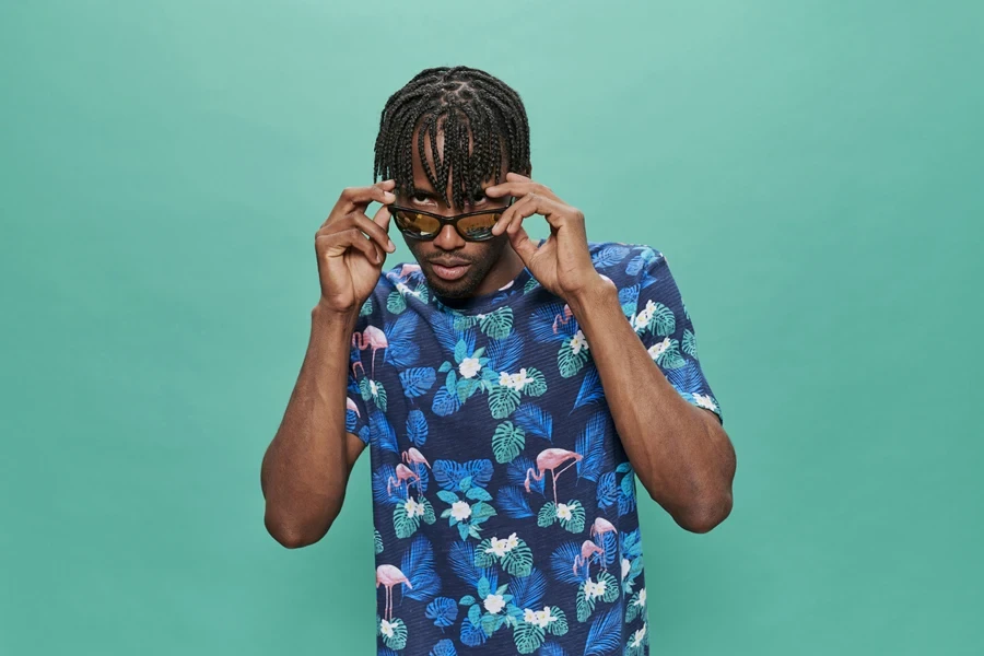 A man wearing an indie print T-shirt