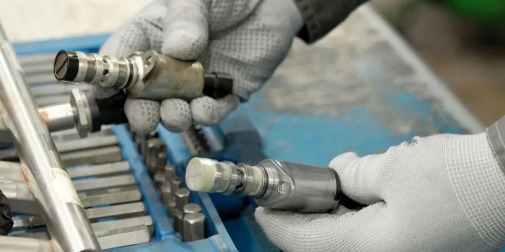 A mechanic holding two VVT solenoid valves