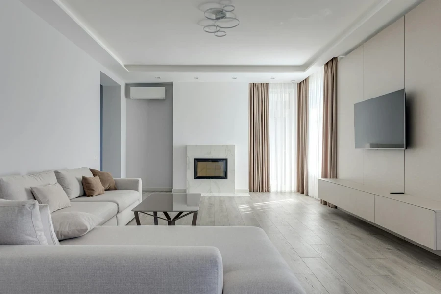 A modern living room with curtain robots