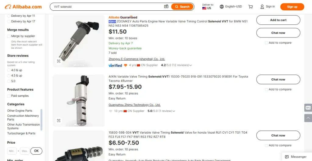 A screenshot of VVT solenoids on Alibaba