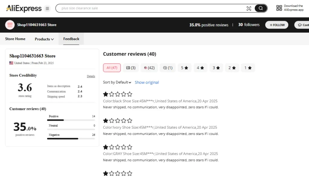 A screenshot of a seller with more negative reviews