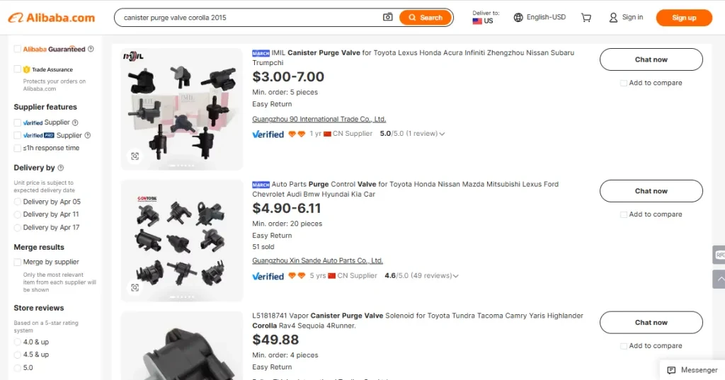 A screenshot of canister purge valves on Alibaba