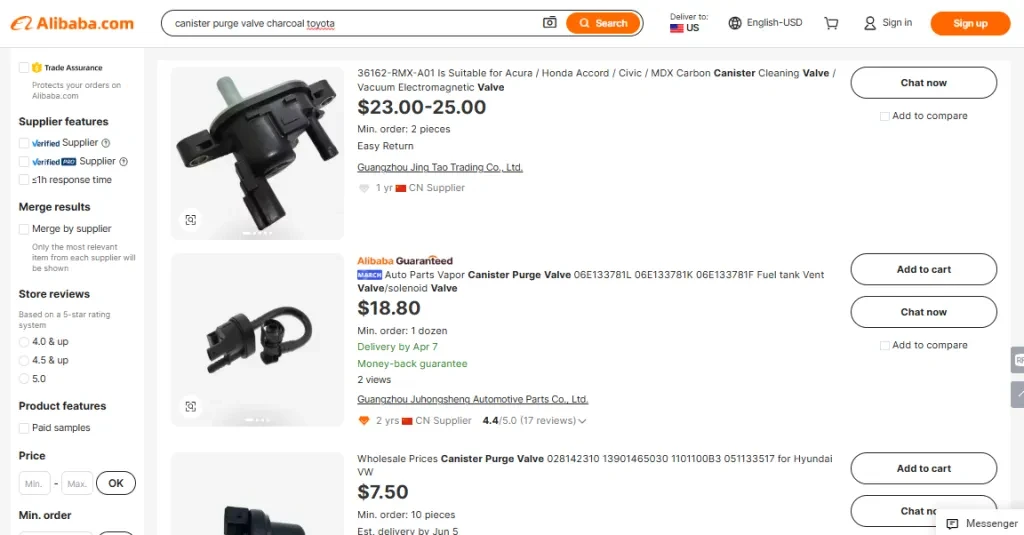 A screenshot of different canister purge valves on Alibaba