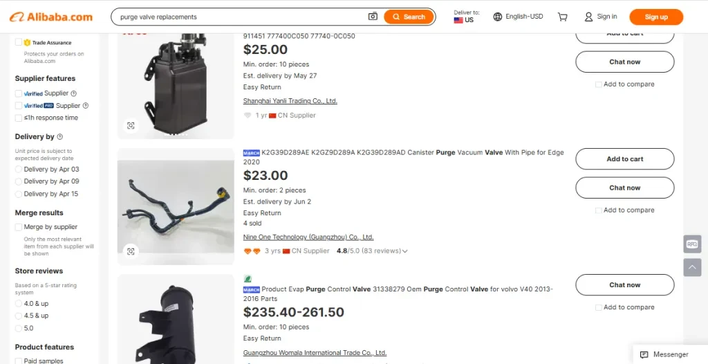 A screenshot of different purge valves on Alibaba