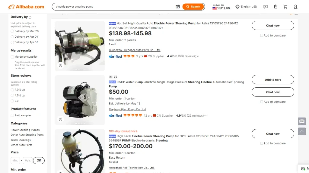 A screenshot of electric power steering pumps on Alibaba