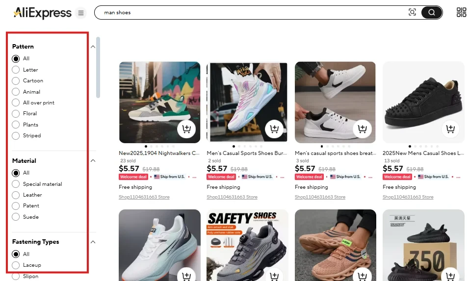 A screenshot of filters on AliExpress search results