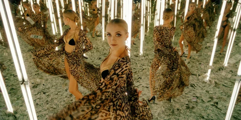 Потрясающая женщина позирует перед бесконечным зеркалом