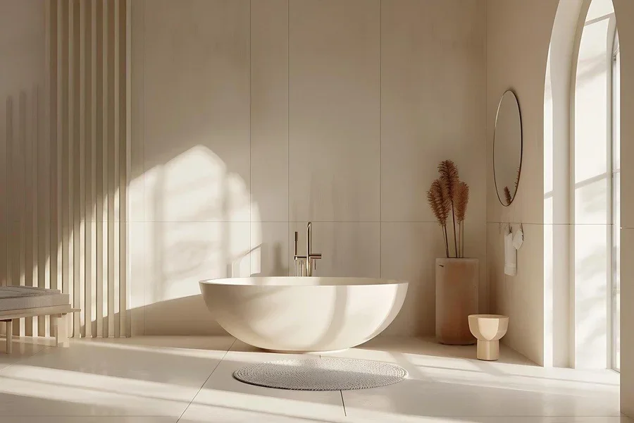 A white bathtub in a bathroom