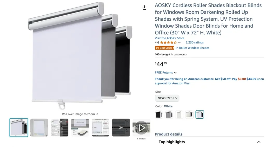 AOSKY cordless roller shades blackout blinds
