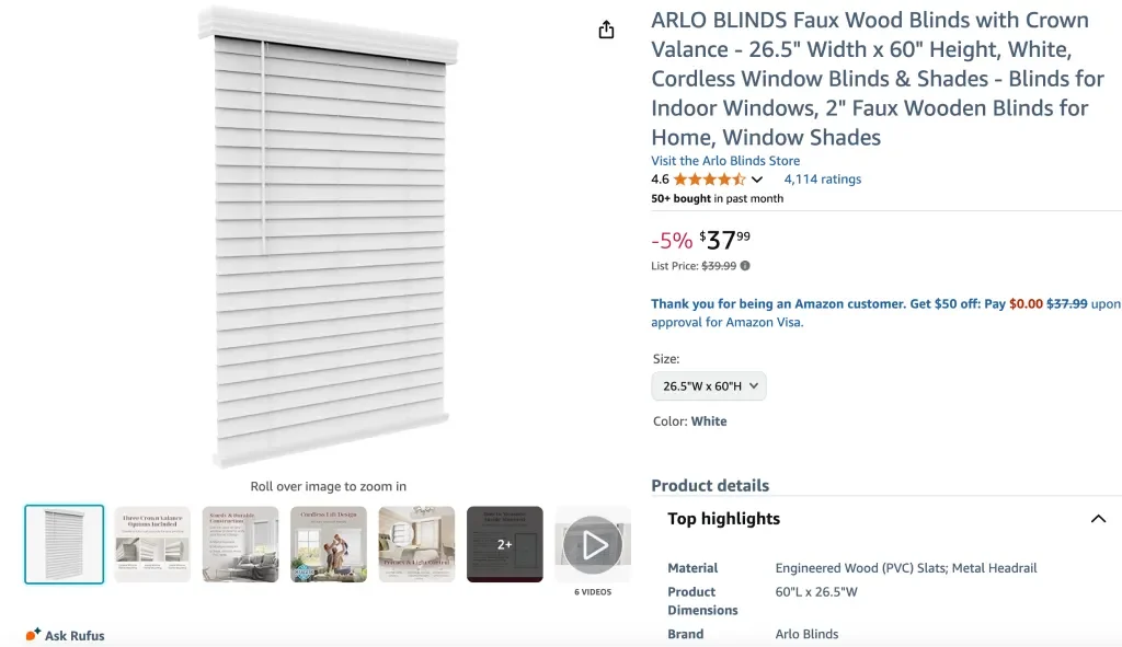 ARLO BLINDS faux wood blinds with crown valance