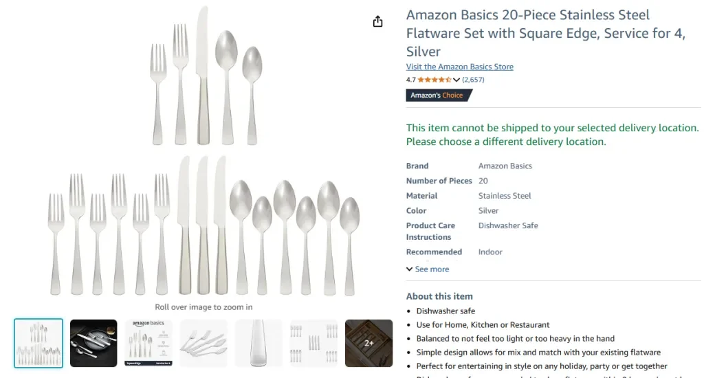 Juego de cubiertos de acero inoxidable de 20 piezas de Amazon Basics