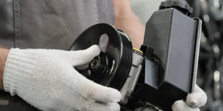 An auto mechanic with a power steering pump